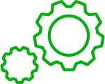 Green icon of mechanical cogs and gears