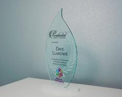 Elegant award made in clear acrylic material, personalized with name and logo