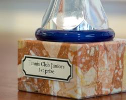 Personalized trophy with a plate made with Gravolase™ Metallics engraving material